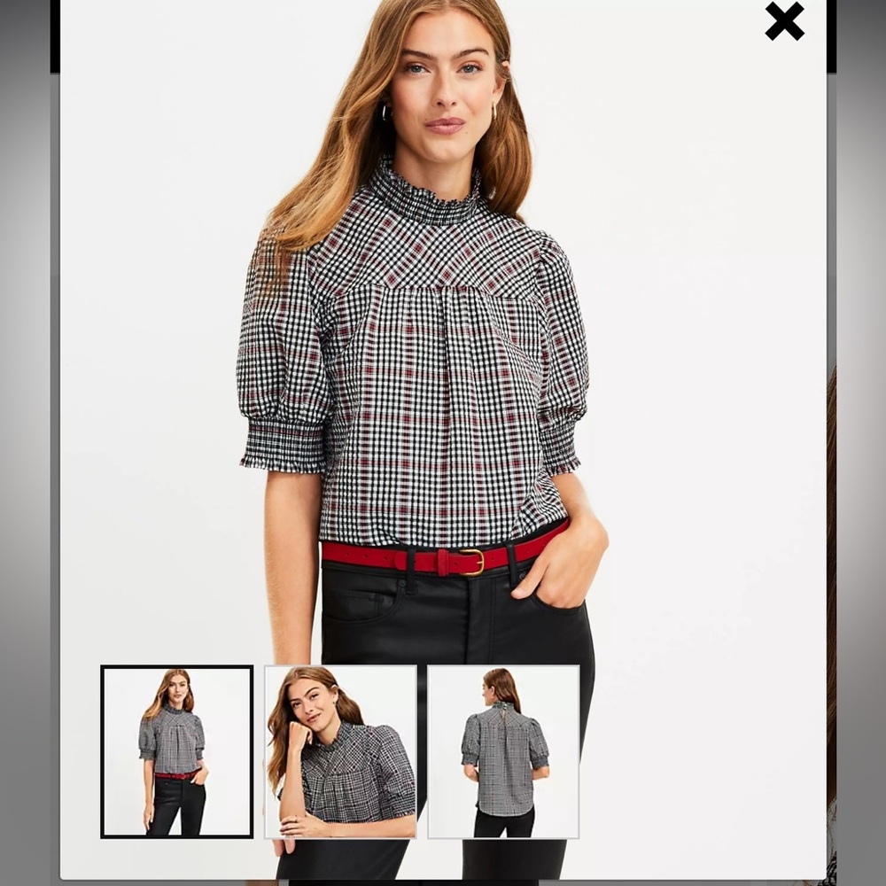 Loft plaid smocked neck blouse, size small